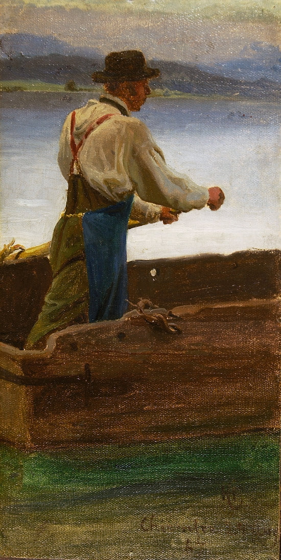 Man in a Rowboat, vintage artwork by Hans Gude, 12x8" (A4) Poster