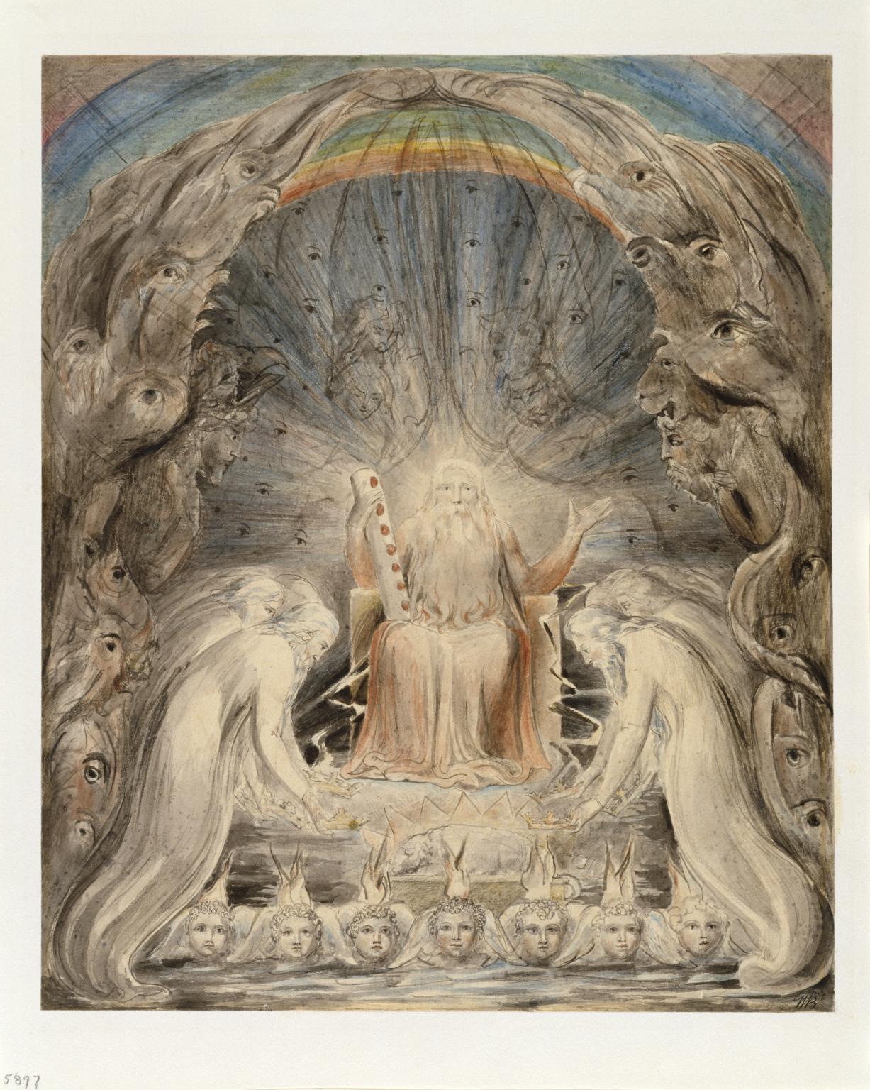 The Four and Twenty Elders Casting their Crowns before the Divine Throne, vintage artwork by William Blake, 12x8" (A4) Poster