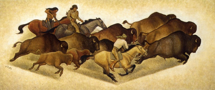 Running Buffalo with Hunters: Sketch for a Mural, vintage artwork by Maynard Dixon, 12x8