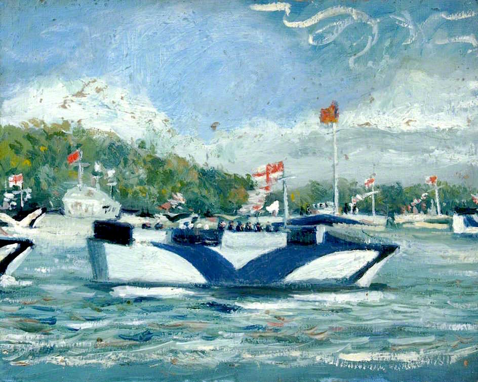 Camouflaged Naval Launch, World War II, vintage artwork by Arthur Cozens, 12x8" (A4) Poster