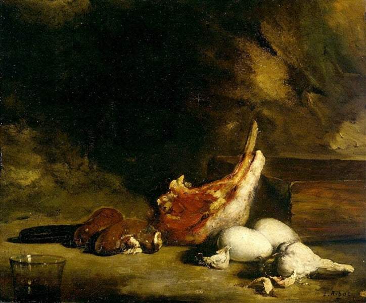 Still Life with Meat and Eggs, vintage artwork by Theodule-Augustin Ribot, 12x8" (A4) Poster