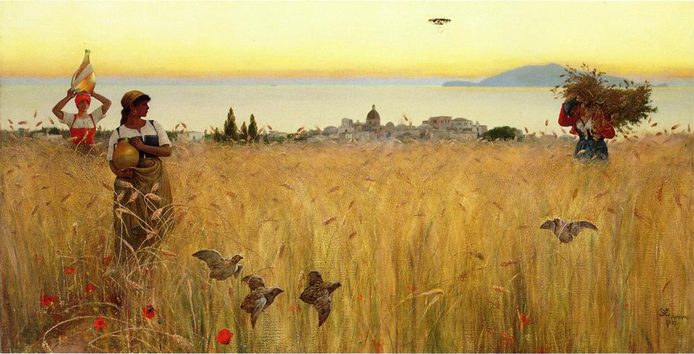 Women in the Wheat Fields, Anacapri, vintage artwork by Charles Caryl Coleman, 12x8" (A4) Poster