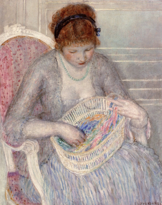 Girl with a Basket of Ribbons, vintage artwork by Frederick Carl Frieseke, 12x8" (A4) Poster