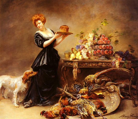 Allegorie De L'Automne: La Duchesse De Gramont Presente Un Etalage De Fruits Et De Giber, vintage artwork by Madeleine Jeanne Lemaire, 12x8" (A4) Poster