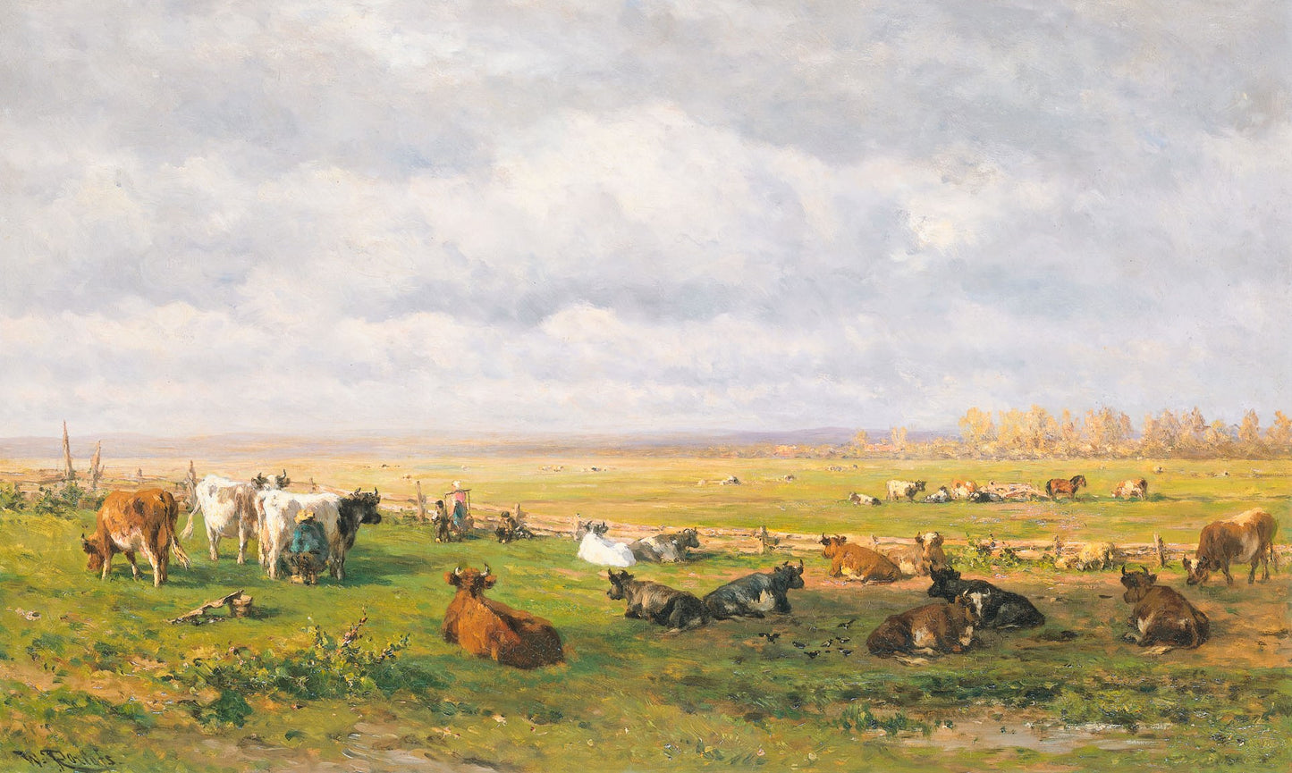 Meadow Landsape with Cattle, vintage artwork by Willem Roelofs, 12x8" (A4) Poster