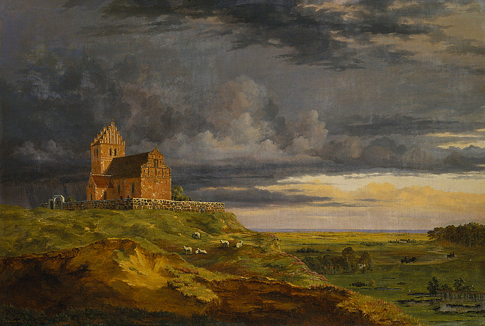 Vallǿby  Church, Zealand, vintage artwork by Follower of Johan Thomas Lundby e, A3 (16x12") Poster Print
