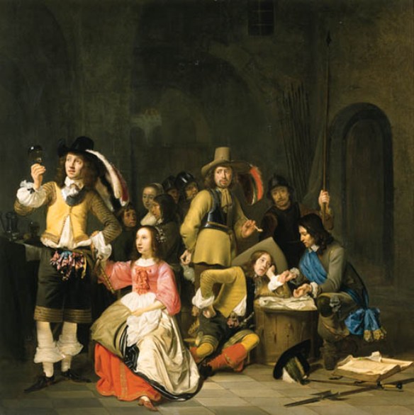 A Company of Soldiers in a Guardroom preparing for Battle, vintage artwork by Simon Kick, 12x8" (A4) Poster