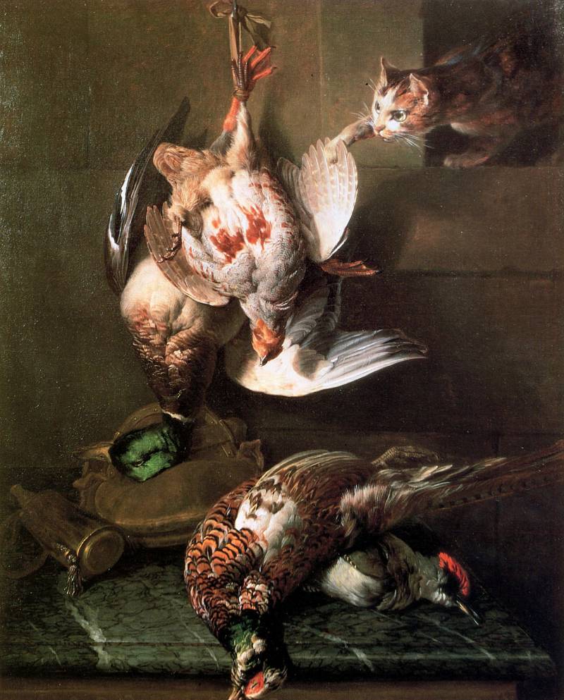 A Cat Attacking Dead Game, vintage artwork by François Desportes, 12x8" (A4) Poster