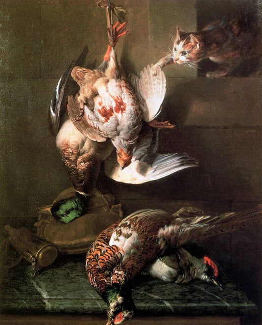 A Cat Attacking Dead Game, vintage artwork by François Desportes, 12x8" (A4) Poster