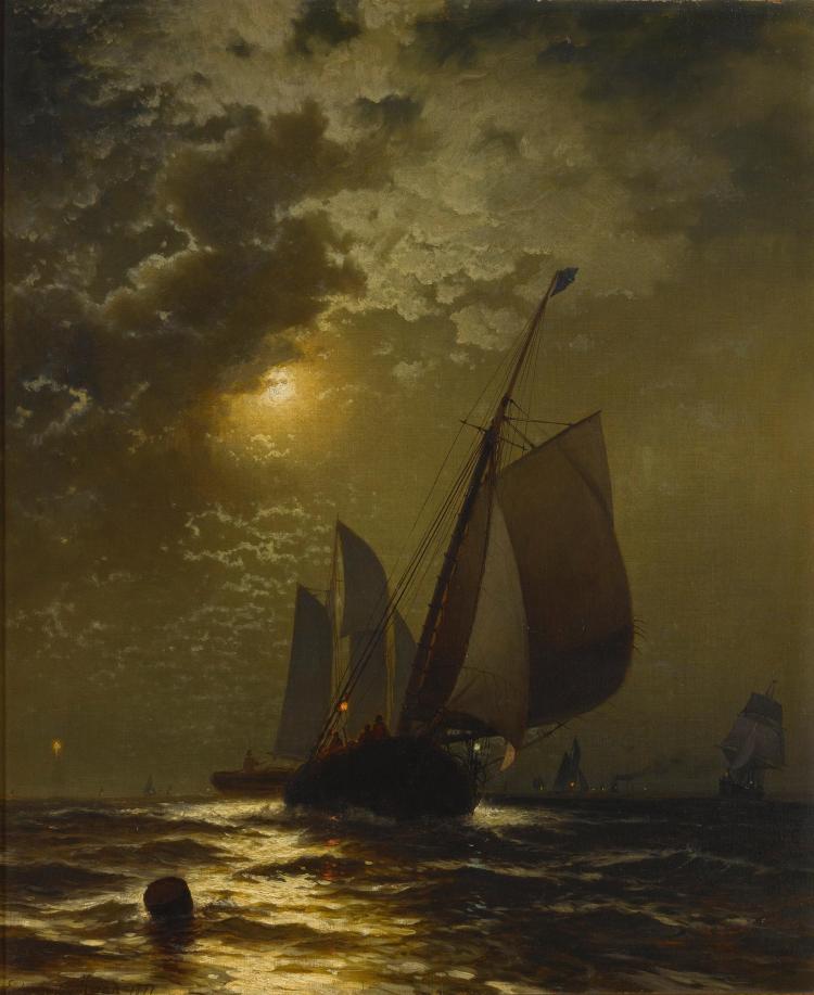 Fishing Boats in the Moonlight, vintage artwork by Edward Moran, 12x8" (A4) Poster