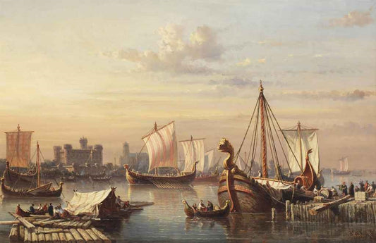 Viking Ships on the River Thames, vintage artwork by Everhardus Koster, A3 (16x12") Poster Print