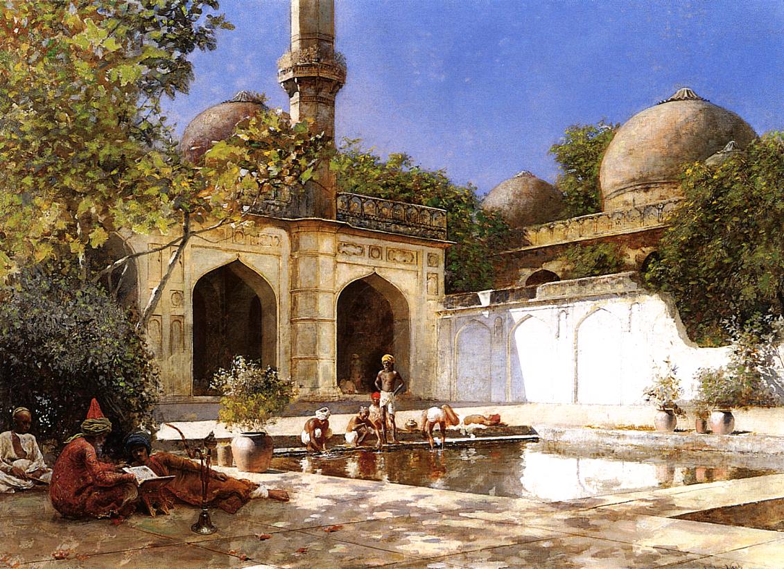 Figures in the Courtyard of a Mosque, vintage artwork by Edwin Lord Weeks, 12x8" (A4) Poster