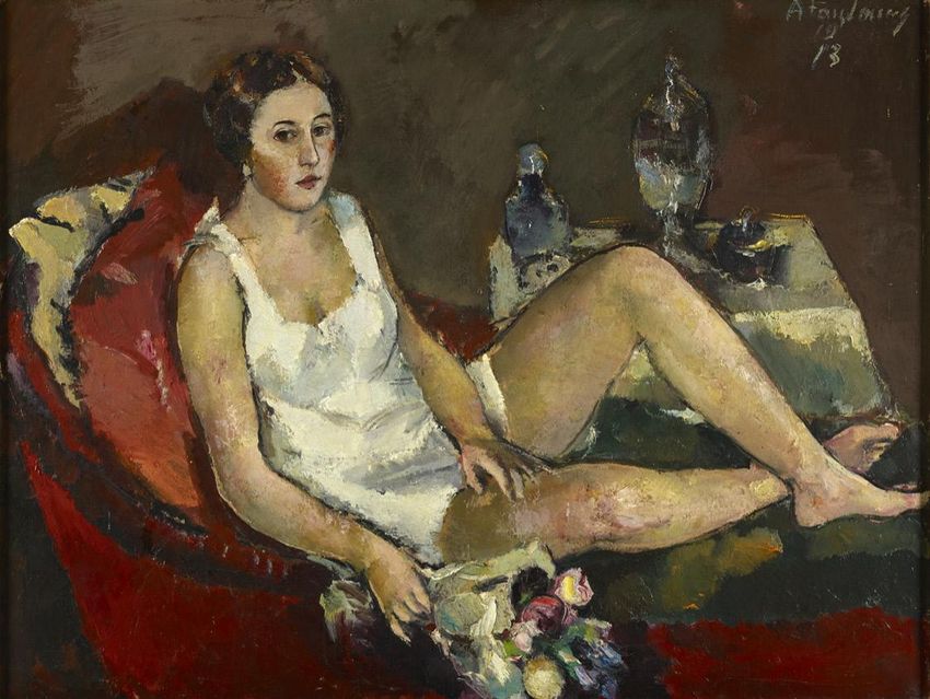 Young Woman on the Red Sofa, vintage artwork by Anton Faistauer, 12x8" (A4) Poster