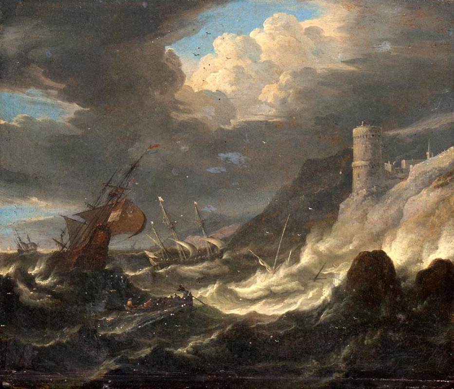 Shipping off a Rock Coast in a Storm, vintage artwork by Pieter Mulier the Younger, 12x8" (A4) Poster