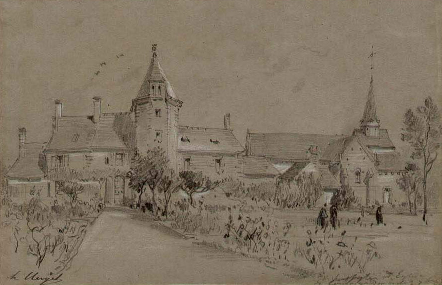 Presby tère et Eglise de Coulange, vintage artwork by Hubert Clerget, A3 (16x12") Poster Print