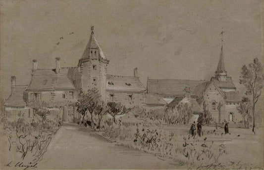 Presby tère et Eglise de Coulange, vintage artwork by Hubert Clerget, A3 (16x12") Poster Print