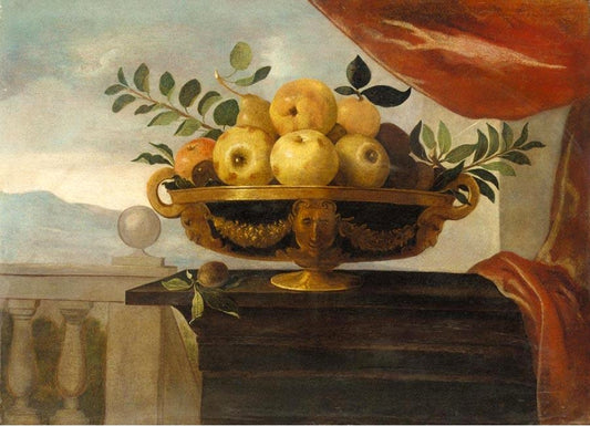 Still-Life of Apples, Pears and Plums in a Bowl, Set Upon a Wooden Table Before a Landscape, vintage artwork by Pedro de Camprobin, 12x8" (A4) Poster