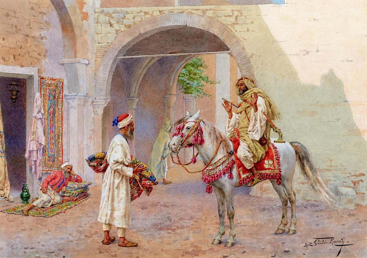  Horseman Conversing with a Carpet Merchang by Giulio Rosati,A3(16x12")Poster