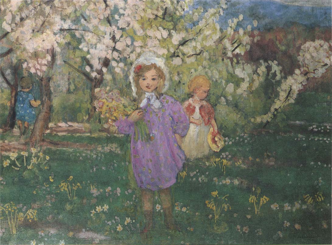Children with spring flowers, vintage artwork by Henri Lebasque, 12x8" (A4) Poster