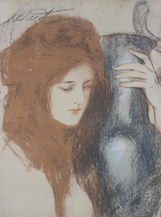 Girl with a blue jug, vintage artwork by Theodor Axentowicz, 12x8" (A4) Poster