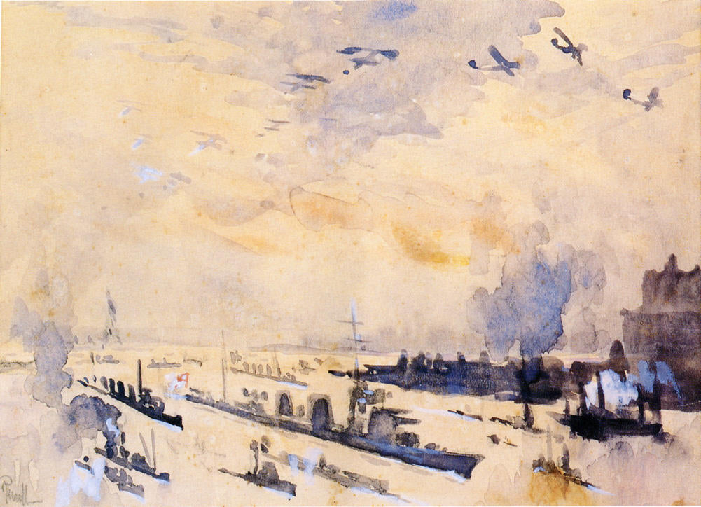 Bringing Home the Heroes After the Zeppelin Explosion, vintage artwork by Joseph Pennell, 12x8" (A4) Poster