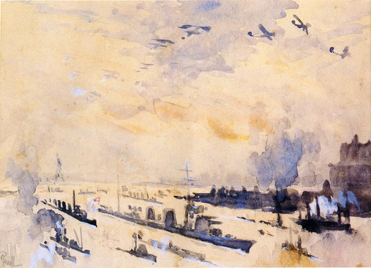Bringing Home the Heroes After the Zeppelin Explosion, vintage artwork by Joseph Pennell, 12x8" (A4) Poster