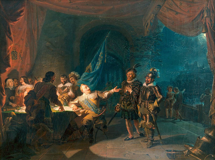 Gustav II Adolf having a war negotiation in Würtzburg, giving commands to Axel Lilje and Ramsay, vintage artwork by Robert Wilhelm Ekman, A3 (16x12