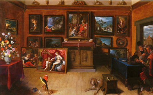 A Picture Gallery With A Man Of Science Making Measurements, vintage artwork by Frans Francken the Younger, 12x8" (A4) Poster