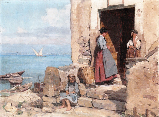 A Conversation in Yvoire, vintage artwork by Francois Bocion, 12x8" (A4) Poster