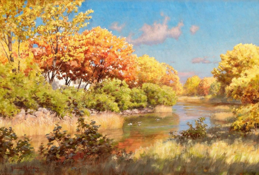 Autumn Landscape with Ducks, vintage artwork by Johan Krouthen, 12x8" (A4) Poster