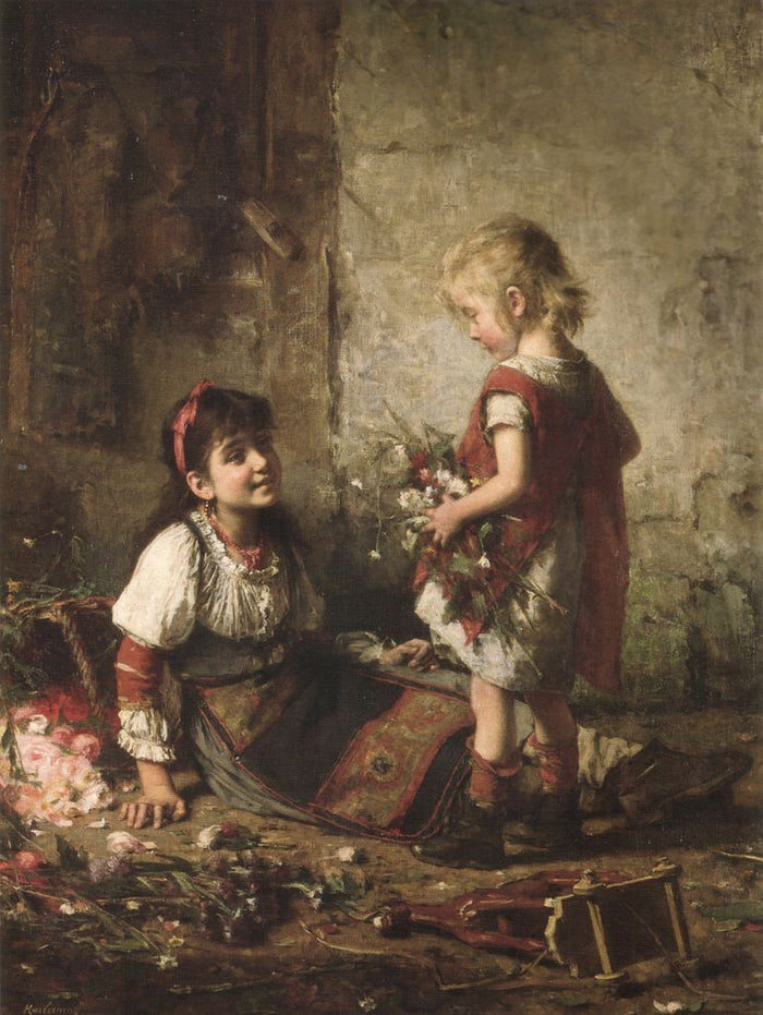 The little flower girls, vintage artwork by Alexei Harlamoff, 12x8