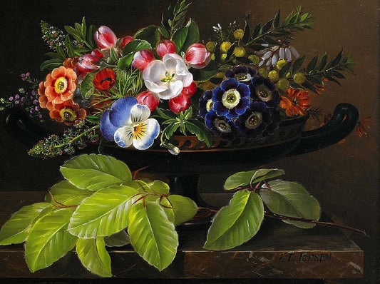 Apple Blossoms, Primula Heather and Yellow Acacia, vintage artwork by Johan Laurentz (J.L.) Jensen, A3 (16x12") Poster Print