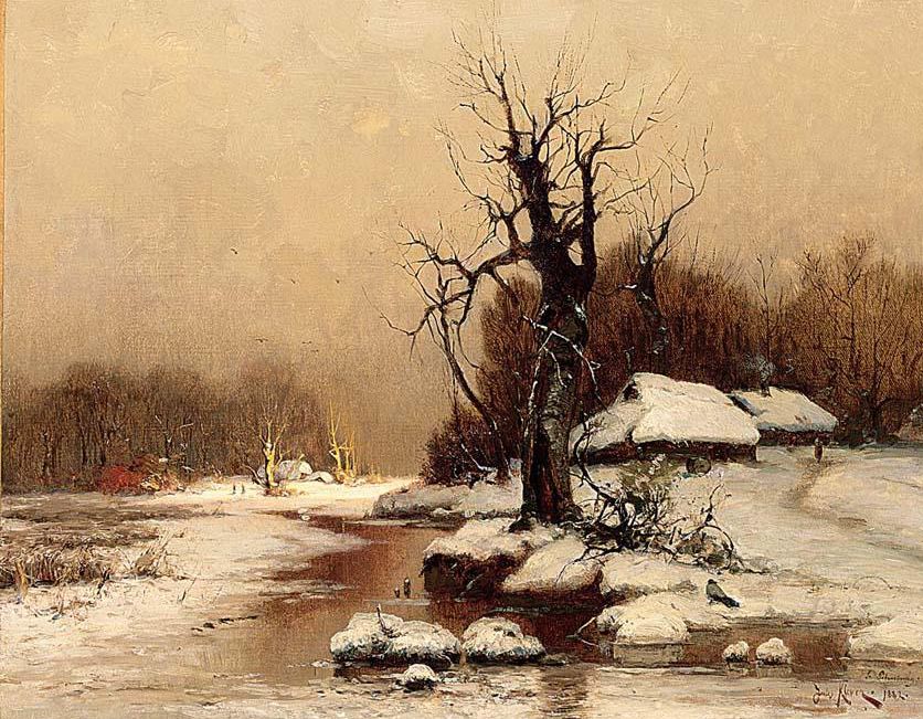 Houses in a Winter Landscape, vintage artwork by Julius Klever, 12x8" (A4) Poster