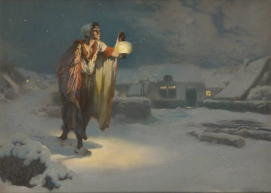 Crossing the Village at Night, vintage artwork by Firmin Baes, 12x8" (A4) Poster