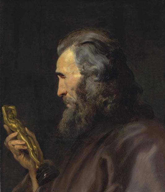 Head of Bearded Man with Bronze Figure, vintage artwork by Jan Boeckhorst, 12x8" (A4) Poster