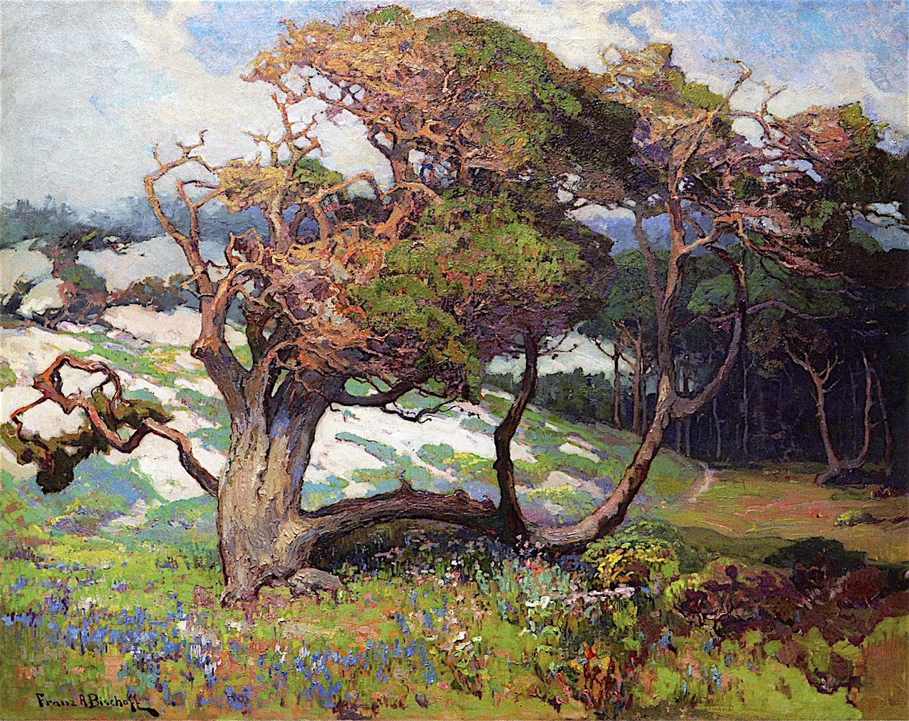 Sand Dunes and Pines, Monterey, California, vintage artwork by Franz Bischoff, 12x8" (A4) Poster