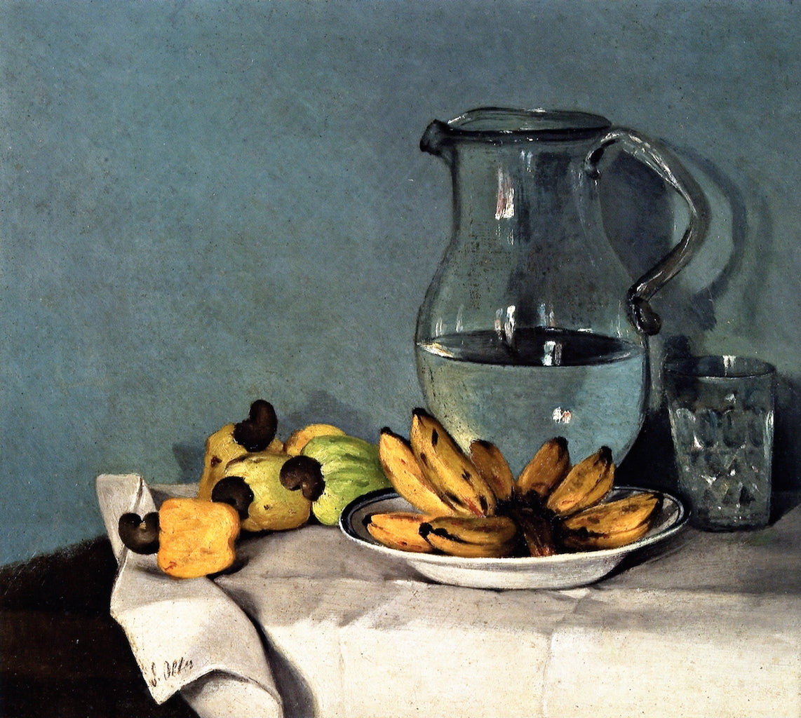 Still Life with Bananas, Pitcher and Cashews, vintage artwork by Francisco Oller, 12x8" (A4) Poster