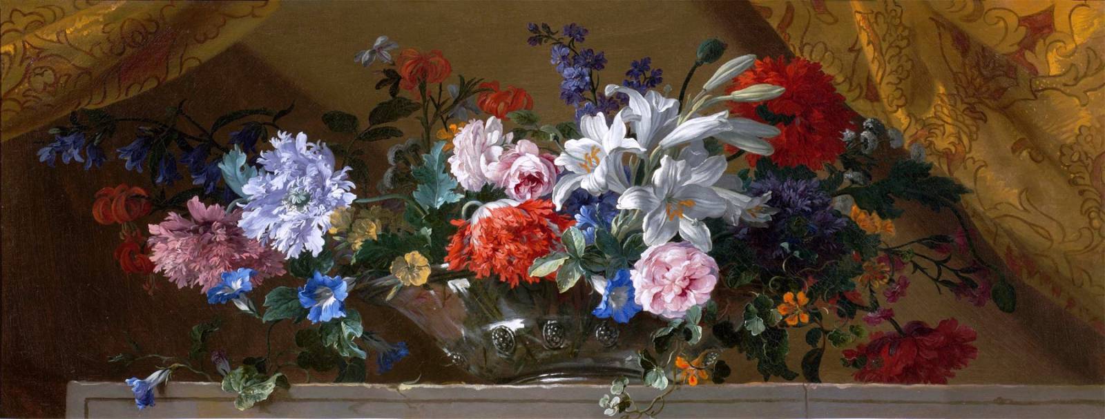Flowers in a glass vase on a marble ledge, vintage artwork by Jean-Baptiste Monnoyer, 12x8" (A4) Poster