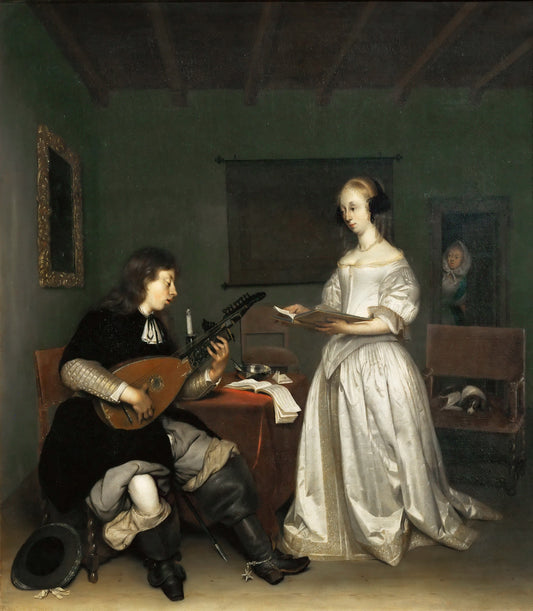 Duo, Singer and Theorbo Player, vintage artwork by Gerard ter Borch, 12x8" (A4) Poster