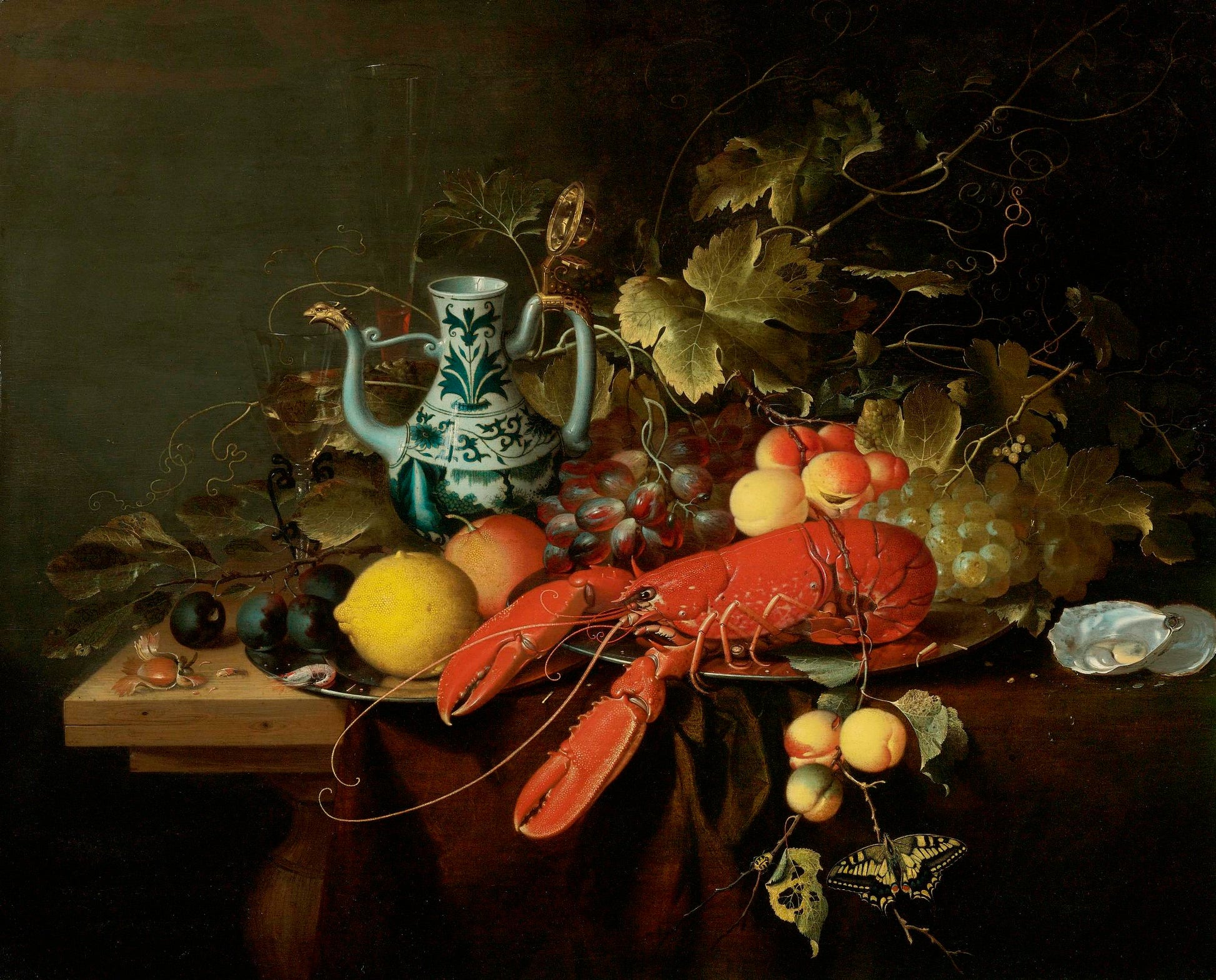 Still Life with a Lobster on a Pewter Plate, Lemons, Grapes, Apricots, Oysters, etc., vintage artwork by Laurens Craen, 12x8" (A4) Poster
