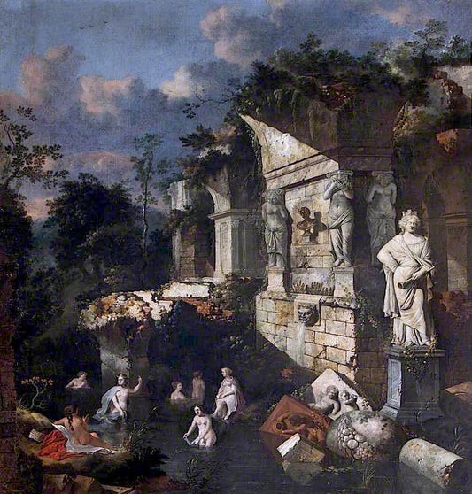 Classical Ruins with Diana and Nymphs Bathing, vintage artwork by Jan Griffier, 12x8" (A4) Poster
