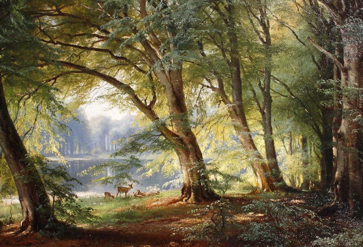 Deer beside a Lake, vintage artwork by Carl Frederik Aagaard, 12x8" (A4) Poster
