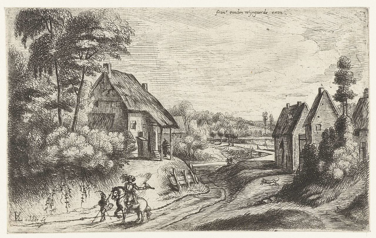 Landscape with two farmhouses along a road, vintage artwork by Lodewijk de Vadder, 12x8" (A4) Poster