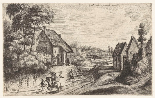 Landscape with two farmhouses along a road, vintage artwork by Lodewijk de Vadder, 12x8" (A4) Poster