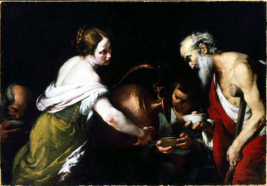 An Act of Mercy: Giving Drink to the Thirsty, vintage artwork by Bernardo Strozzi, 12x8" (A4) Poster