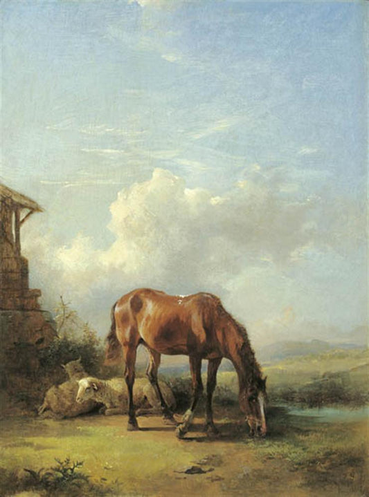 Sheep and a Horse on a Sunny Afternoon, vintage artwork by Friedrich Gauermann, A3 (16x12") Poster Print