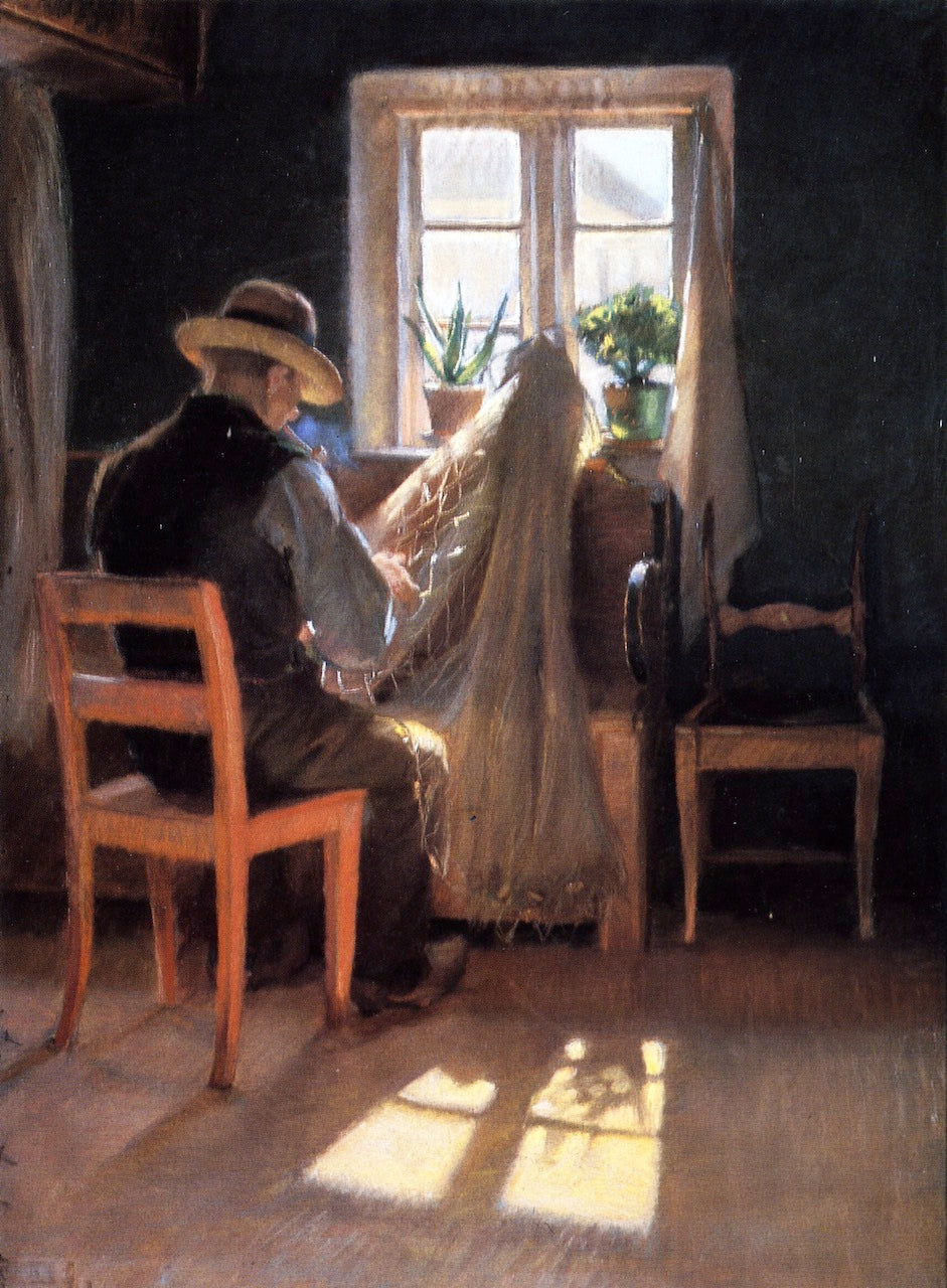 Fisherman Kræn Wollesen Mending the Net, vintage artwork by Anna Ancher, 12x8" (A4) Poster