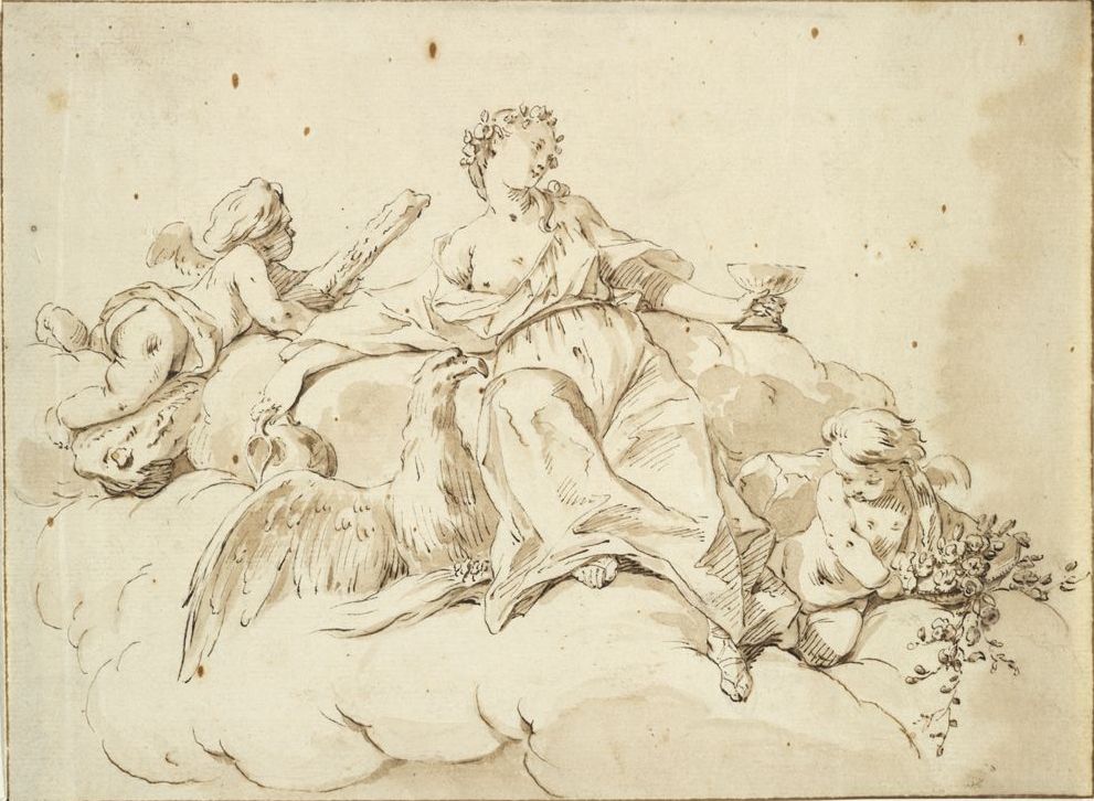 Figure of a Woman with Cupids and Eagle, vintage artwork by Attributed to Carle van Loo, 12x8" (A4) Poster
