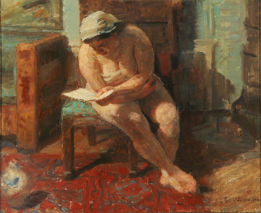 Portrait of a semi-nude model reading, vintage artwork by Julius Paulsen, 12x8" (A4) Poster