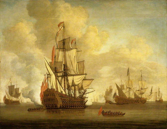 Calm:  An English Two-Decker with Sails Loosed Firing a Salute, vintage artwork by Willem van der Velde the Elder, 12x8" (A4) Poster